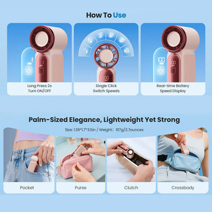 Mini Handheld Fan with LED Display – Women's 6-Speed Portable Turbo Pocket Fan