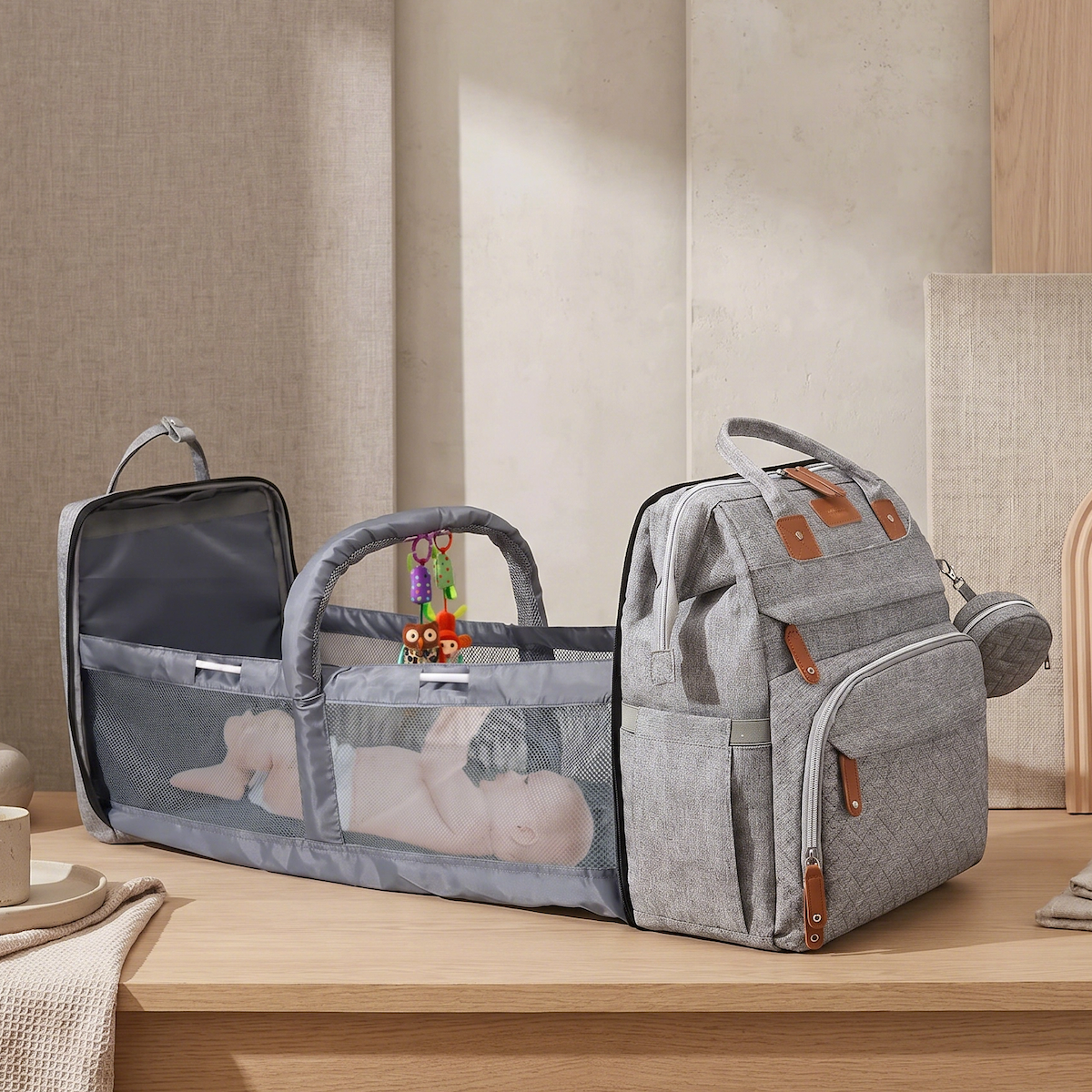Multifunctional, Large-Capacity Diaper Backpack with Foldable Bed