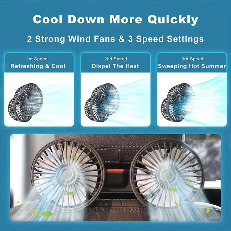 Adjustable Car Backseat Fan, Summer Essential Dual-Head USB Car Fan